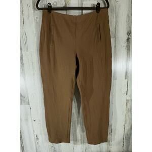 Chicos Ponte Knit Ankle Pants Size 1.5 (32x26) Camel Brown Faux Pockets Hem Slit